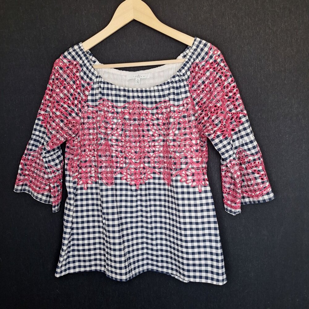 💙 Fever Gingham Eyelet 100% Cotton Blouse Size L Lined Flowy Comfy Cottage Femi